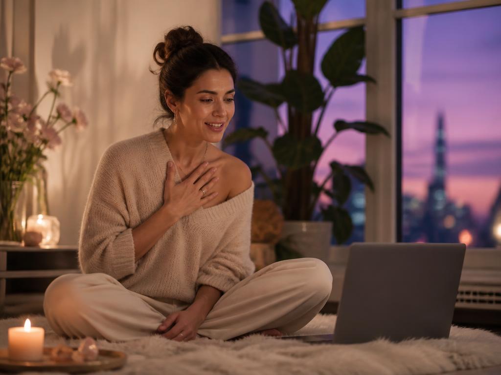 Woman with her hand on her heart sharing during the live online circle
